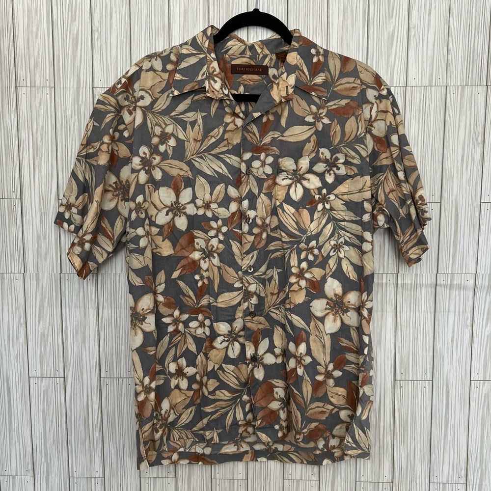 Tori Richard Men's Floral Short Sleeve Button-Up Shirt Gray &‎ Brown Size Large